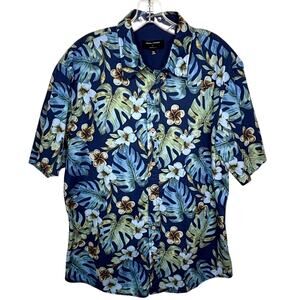 Ocean Current Mens L Blue Floral Hawaiian Button Up Shirt Vacation Resort Cruise